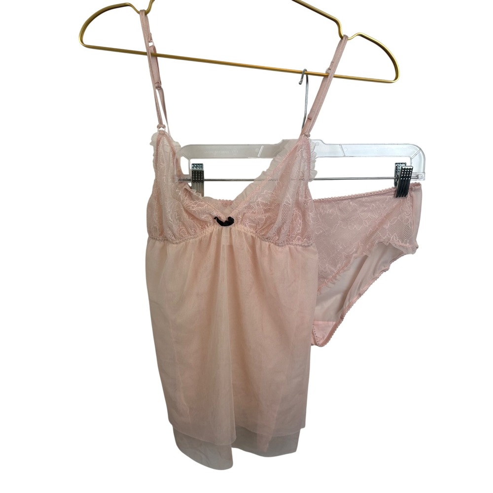 Vintage NWOT Coquette Lingerie Pink Lace Mesh Babydoll Camisole Nylon Set Large